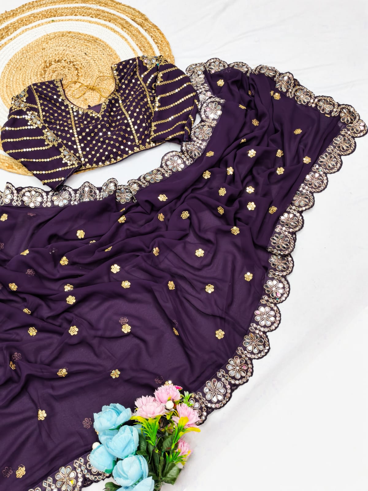 Premium Faux Georgette Saree with Original Mirror Work & Coding Lace Border