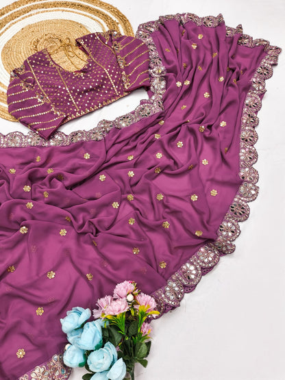 Premium Faux Georgette Saree with Original Mirror Work & Coding Lace Border