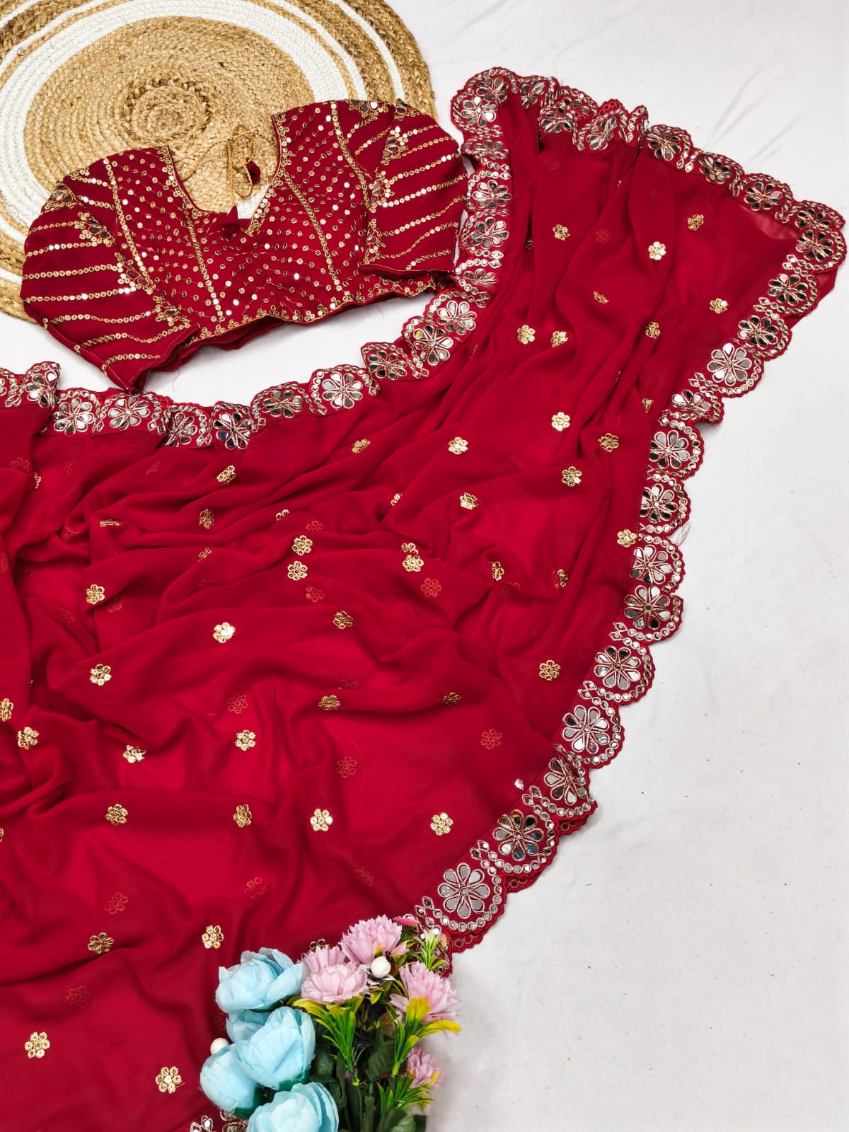 Premium Faux Georgette Saree with Original Mirror Work & Coding Lace Border