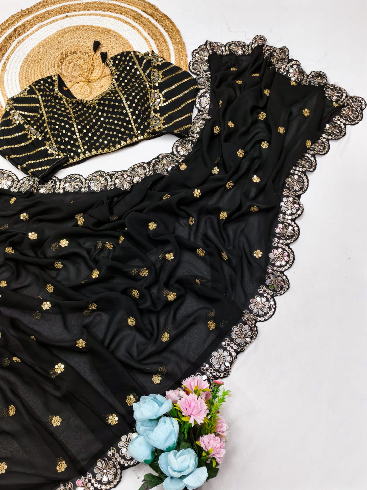 Premium Faux Georgette Saree with Original Mirror Work & Coding Lace Border