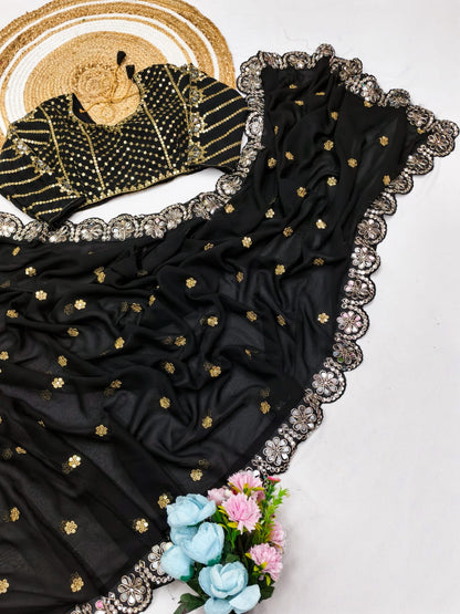Premium Faux Georgette Saree with Original Mirror Work & Coding Lace Border