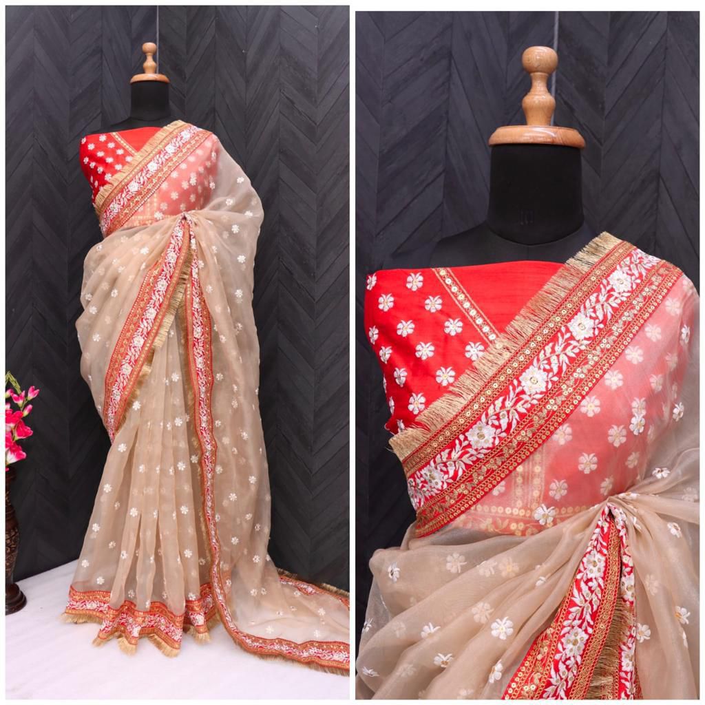 Designer Organza Silk Saree with 5mm & 7mm Embroidery Work