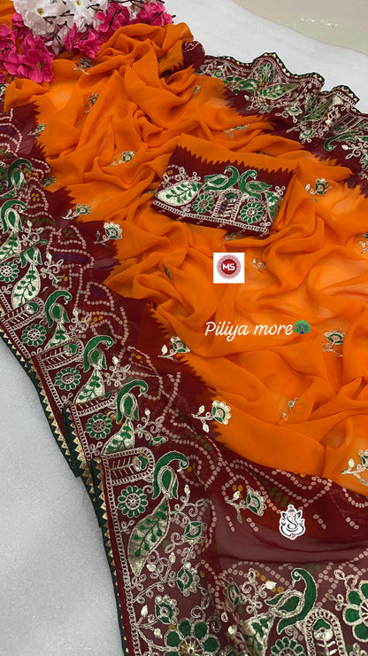 Premium Heavy Georgette Bandhej Saree with C-Pallu & Gota Patti Work