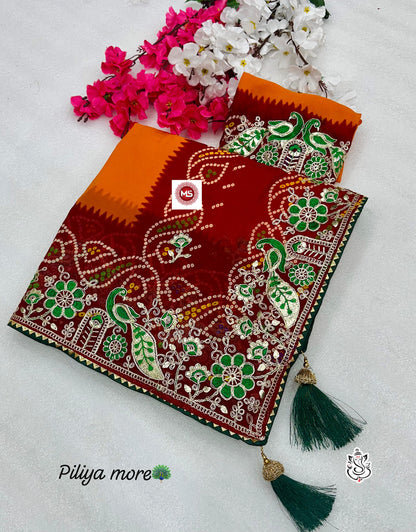 Premium Heavy Georgette Bandhej Saree with C-Pallu & Gota Patti Work