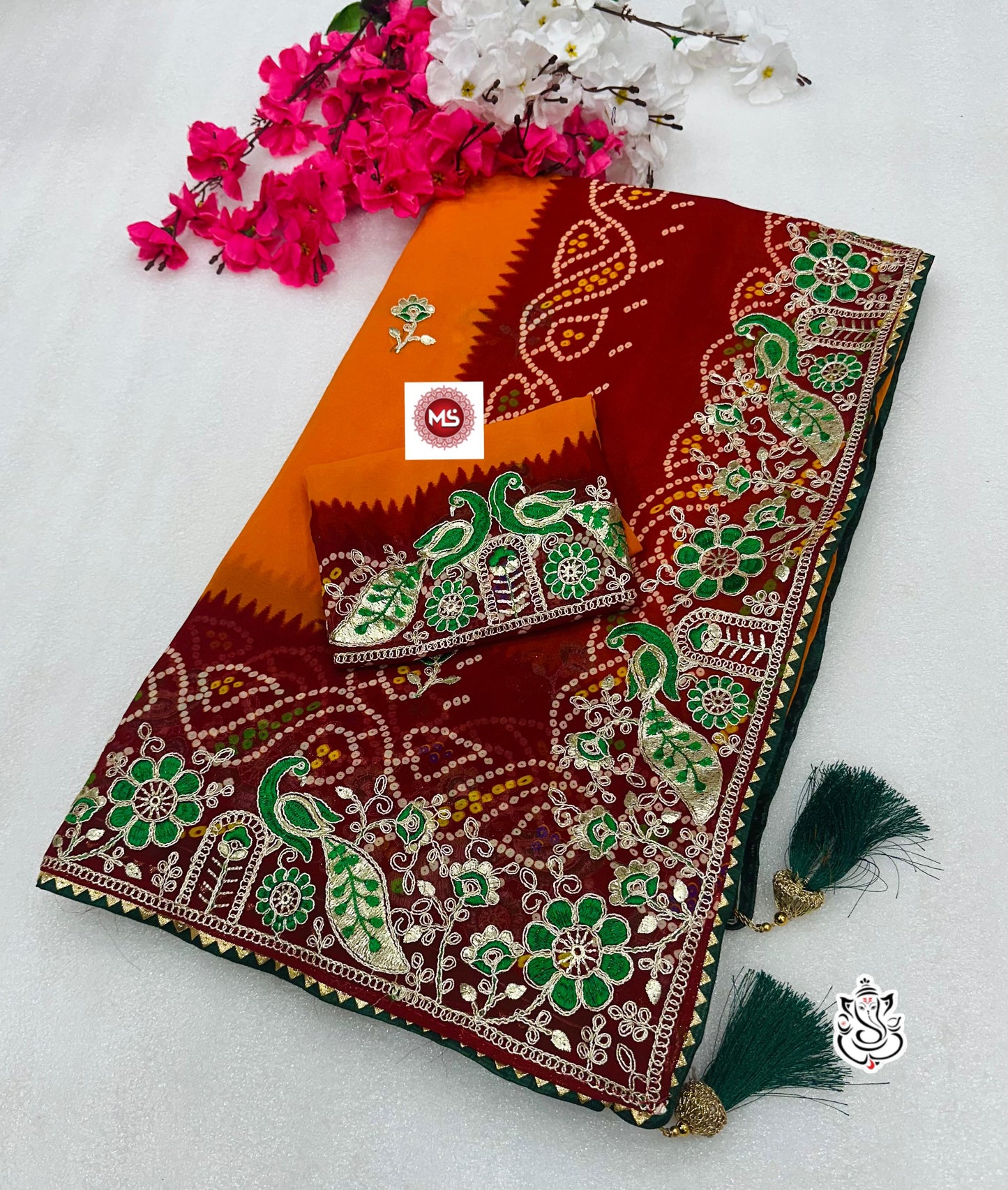 Premium Heavy Georgette Bandhej Saree with C-Pallu & Gota Patti Work