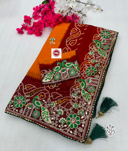 Premium Heavy Georgette Bandhej Saree with C-Pallu & Gota Patti Work