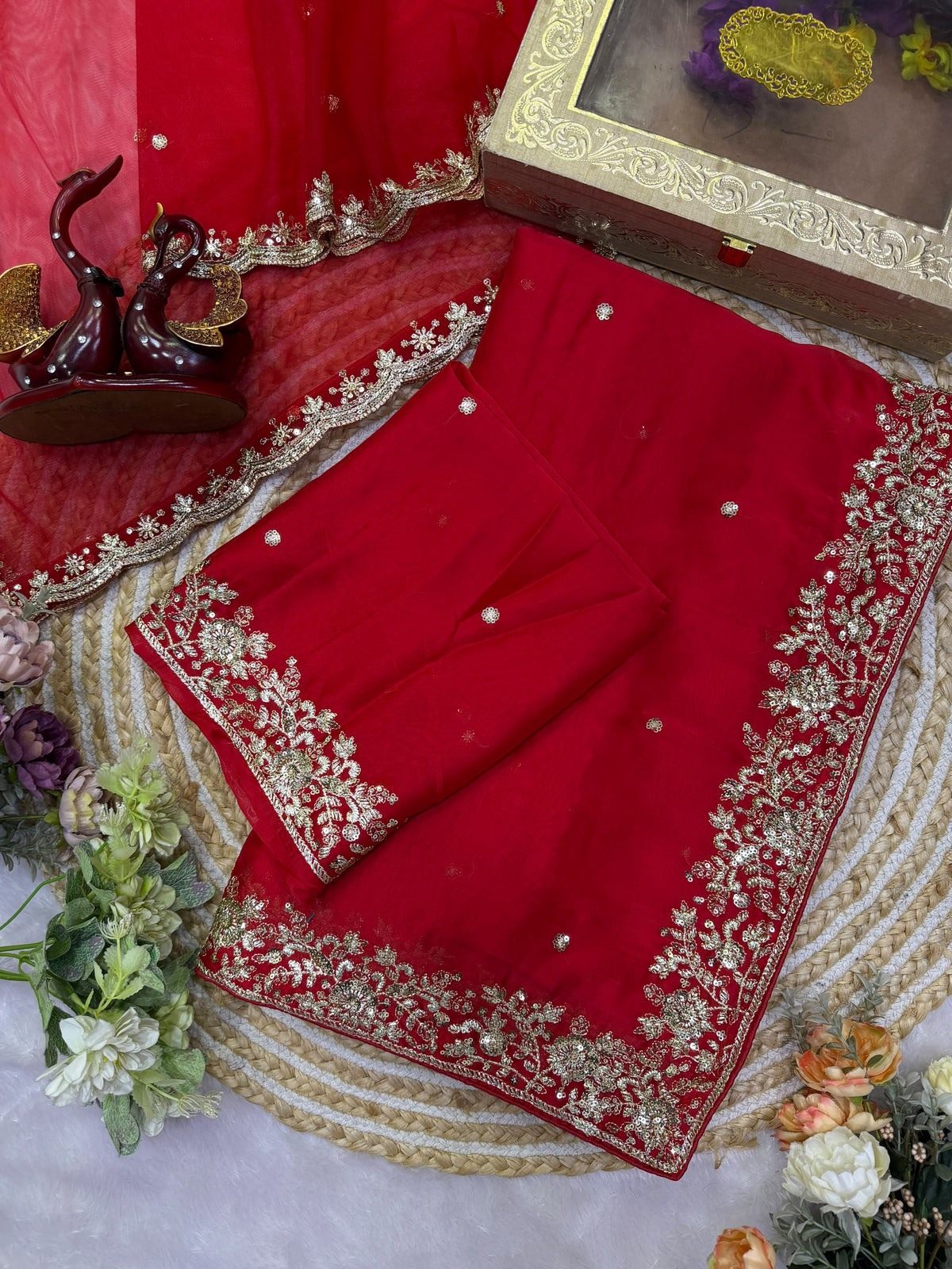 Crimson Red Soft Rangoli Silk Saree with Heavy Sequins Work & Net Veil