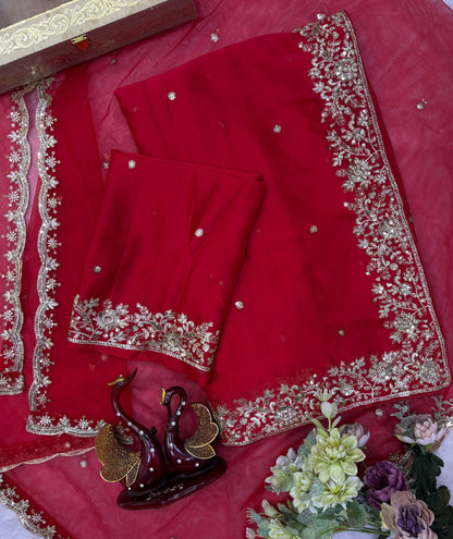 Crimson Red Soft Rangoli Silk Saree with Heavy Sequins Work & Net Veil