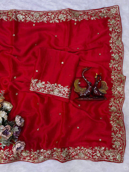 Crimson Red Soft Rangoli Silk Saree with Heavy Sequins Work & Net Veil