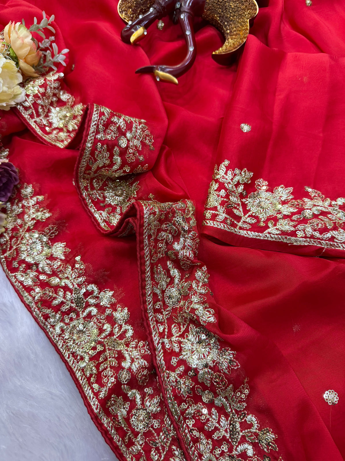 Crimson Red Soft Rangoli Silk Saree with Heavy Sequins Work & Net Veil