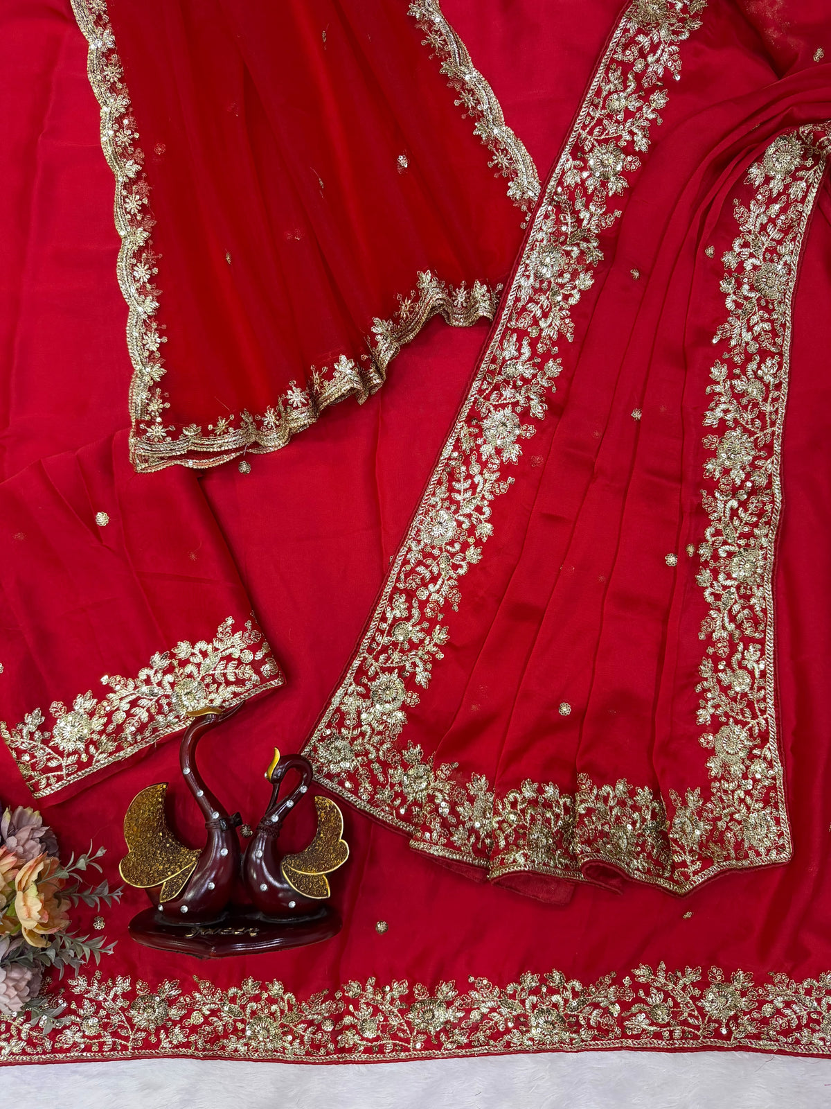 Crimson Red Soft Rangoli Silk Saree with Heavy Sequins Work & Net Veil