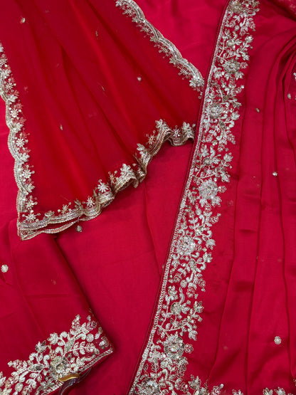 Crimson Red Soft Rangoli Silk Saree with Heavy Sequins Work & Net Veil