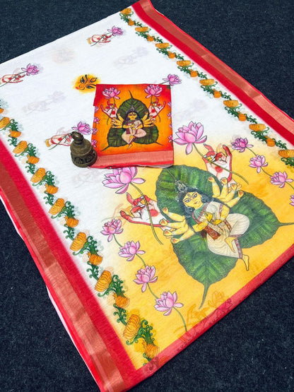 Festive Durga Puja Special Handcrafted Look Linen Cotton Saree