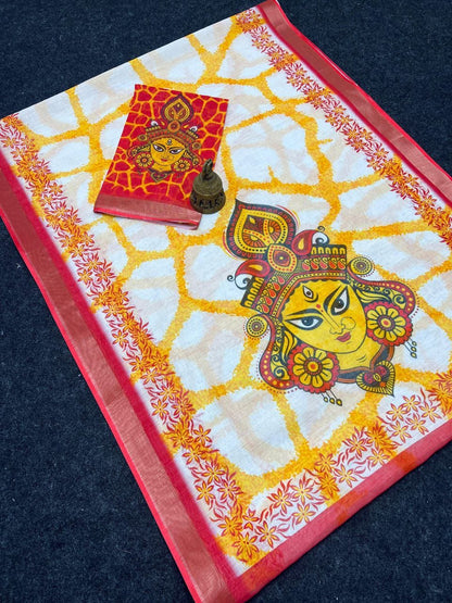 Festive Durga Puja Special Handcrafted Look Linen Cotton Saree