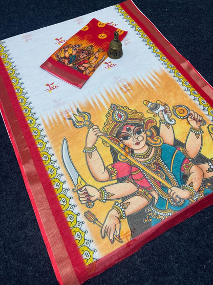 Festive Durga Puja Special Handcrafted Look Linen Cotton Saree