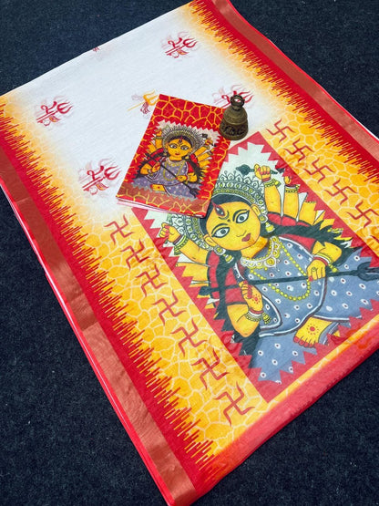 Festive Durga Puja Special Handcrafted Look Linen Cotton Saree