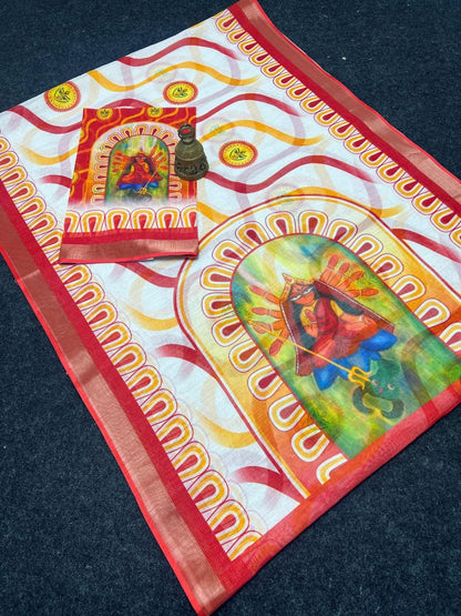 Festive Durga Puja Special Handcrafted Look Linen Cotton Saree
