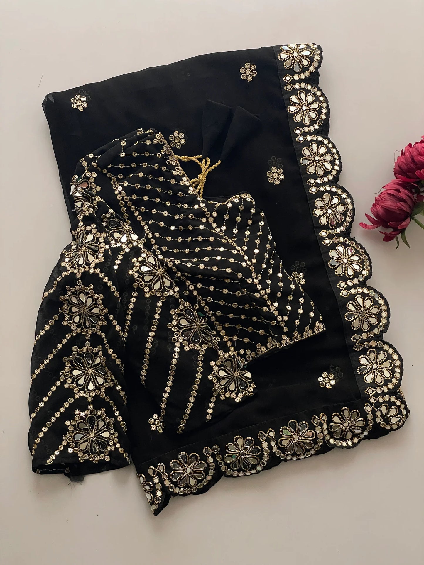 Blossom Party Wear Black Colour Faux Georgette Sequence Heavy Border n Real Mirror Work Fancy Designer Saree With stitched Blouse