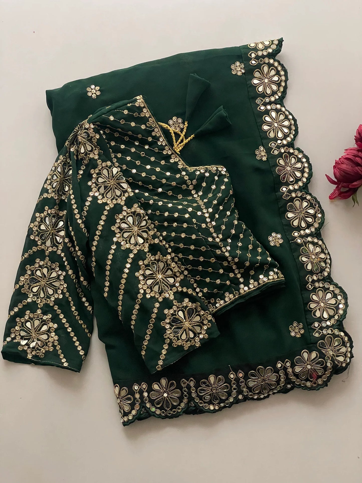 Blossom Party Wear Green Colour Faux Georgette Sequence Heavy Border n Real Mirror Work Fancy Designer Saree With stitched Blouse