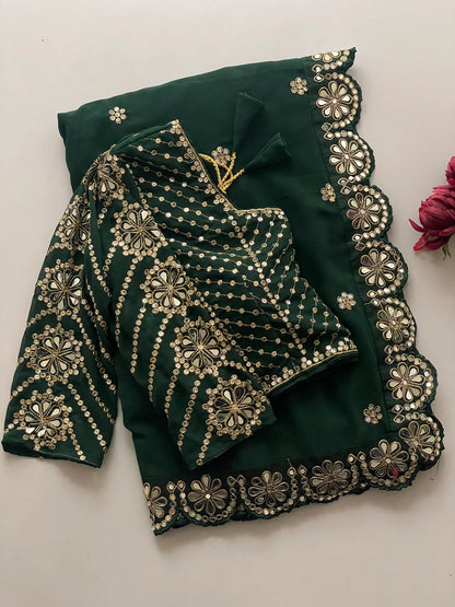 Blossom Party Wear Green Colour Faux Georgette Sequence Heavy Border n Real Mirror Work Fancy Designer Saree With stitched Blouse