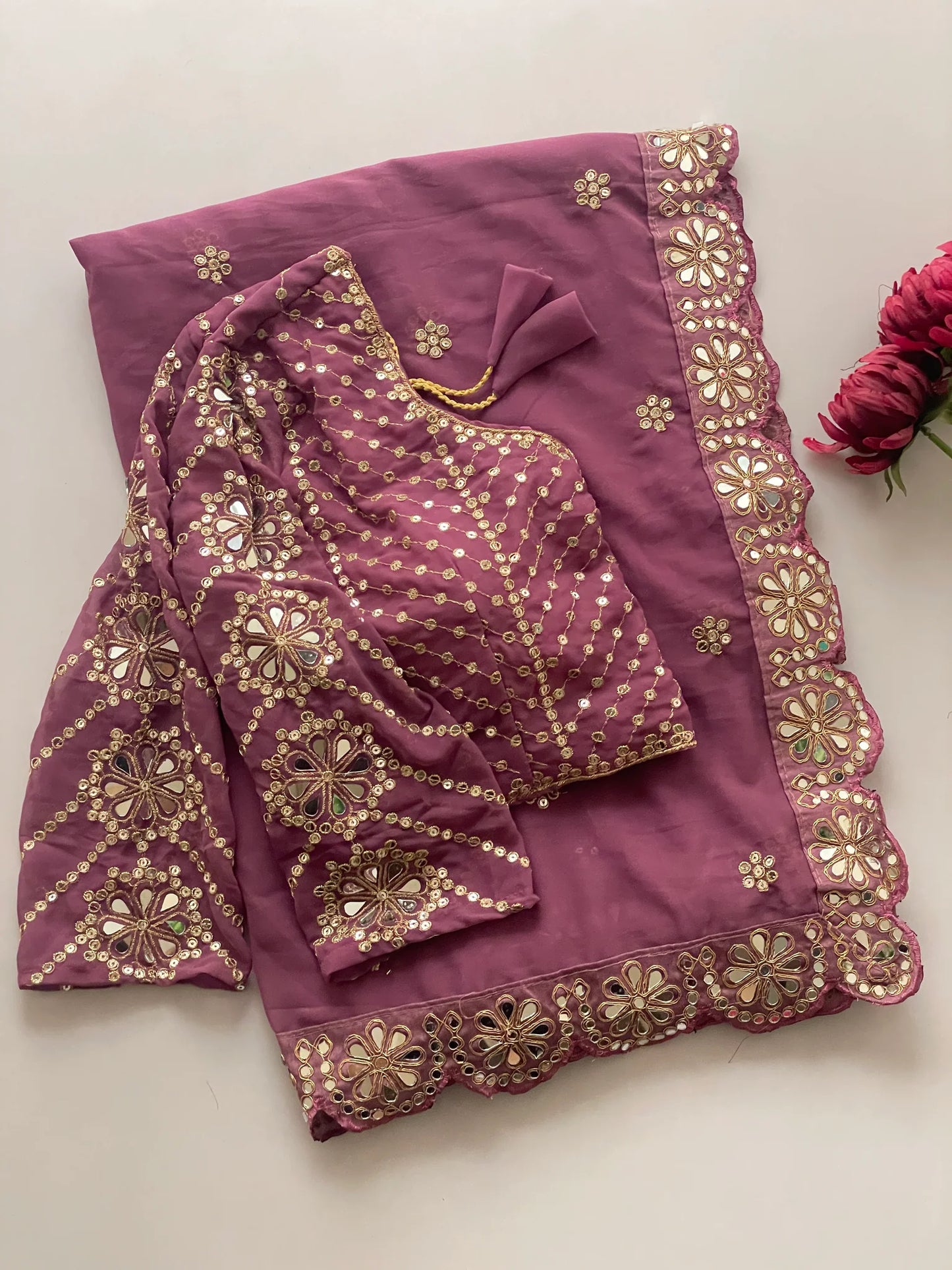 Blossom Party Wear Onion Colour Faux Georgette Sequence Heavy Border n Real Mirror Work Fancy Designer Saree With stitched Blouse