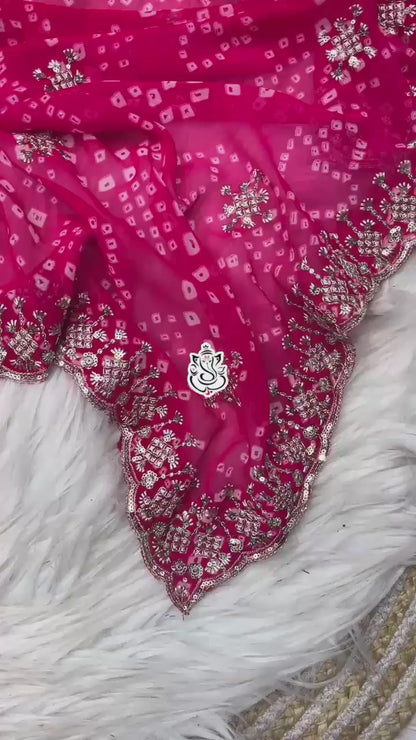 soft c*c Georgette bandej saree with beautiful c-pallu sequence thread work & butti in whole saree