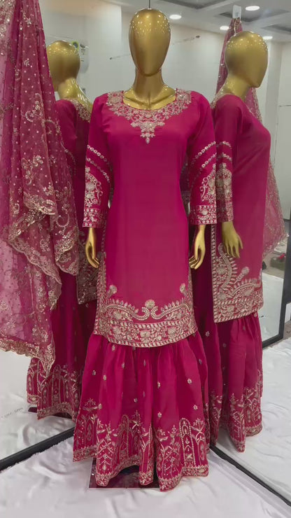 Presenting  New 60gm Georgette Designer Party Wear Look Top-Plazzo and Dupatta With Heavy Embroidery Work