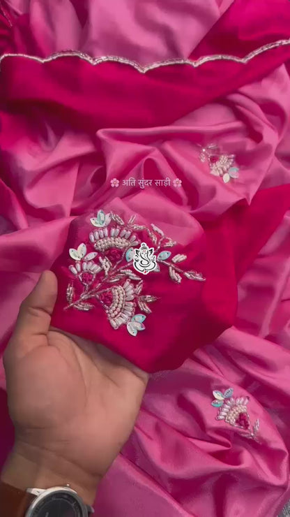 Beautiful Pending Colour Shade Wedding Wear Saree With  Khatli Hand Work Butta In Pallu nd Moti Cut Work