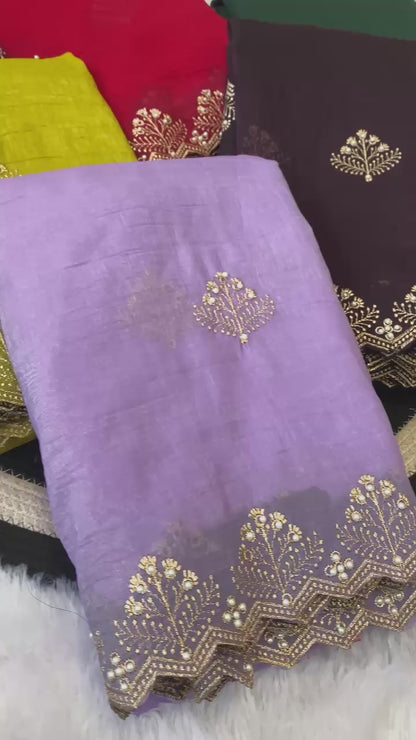 Crunchi Soft  Silk With Beautiful Embroidery & Moti Work A Scalloped