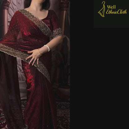 Luxury Fendi Space Silk Jarkan Embroidery Maroon Saree