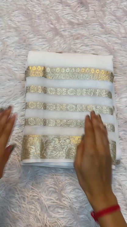 Latest Wedding wear white Pedding Color Viscose Georgette Jacquard Weaving Work Designer Saree