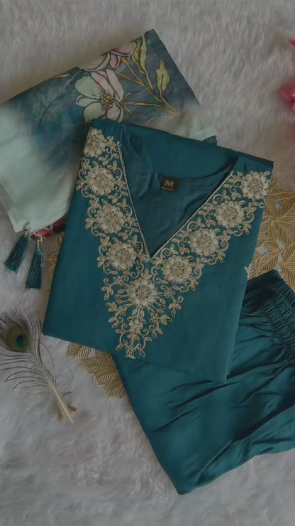 Roman Silk with Beautiful Embroidery With Sequence Work