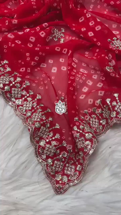 soft c*c Georgette bandej saree with beautiful c-pallu sequence thread work & butti in whole saree