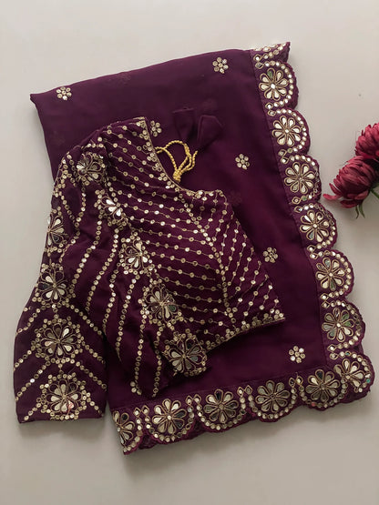 Blossom Party Wear Wine Colour Faux Georgette Sequence Heavy Border n Real Mirror Work Fancy Designer Saree With stitched Blouse